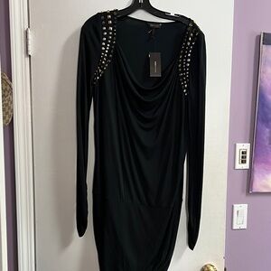 BCBGMaxAzria Black Long-Sleeve Drape Neck Studded Dress